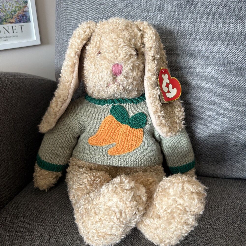 TY Curly Bunny Plush Rabbit 17” 1991 Green Sweater Carrot NWT